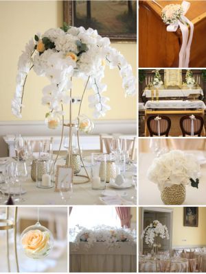 Biela svadobná výzdoba. 
Orchidea, hortenzia, ruža